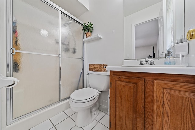 bathroom with tile patterned floors, vanity, toilet, and a shower stall