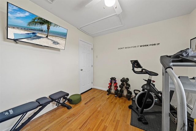 workout area with attic access, baseboards, a ceiling fan, and light wood-type flooring