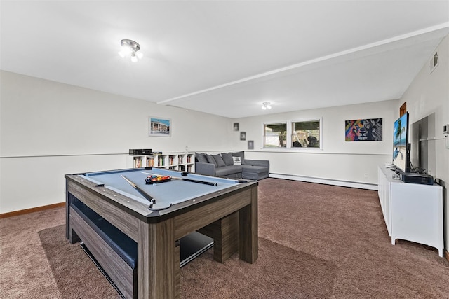 rec room featuring visible vents, baseboard heating, carpet flooring, and pool table