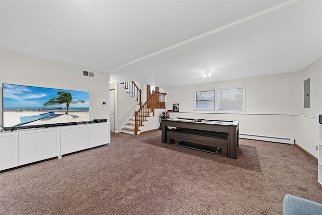 carpeted living room featuring stairway, a baseboard radiator, visible vents, and electric panel