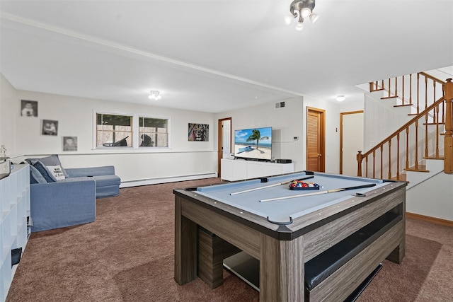 recreation room with billiards, visible vents, carpet, baseboards, and a baseboard radiator