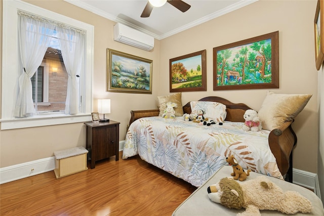 87-15 258th St, Floral Park, NY 11001 - bedroom featuring an AC wall unit, baseboards, a ceiling fan, wood finished floors, and ornamental molding