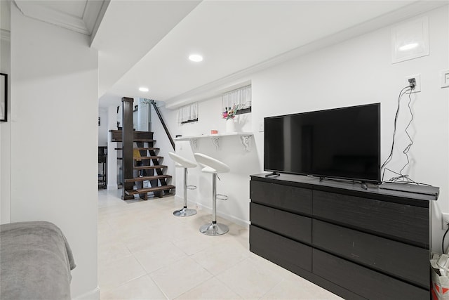 87-15 258th St, Floral Park, NY 11001 - interior space featuring tile patterned floors, stairs, baseboards, ornamental molding, and recessed lighting
