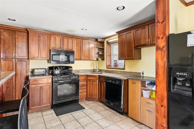 kitchen featuring light tile patterned floors, open shelves, black appliances, recessed lighting, and a sink