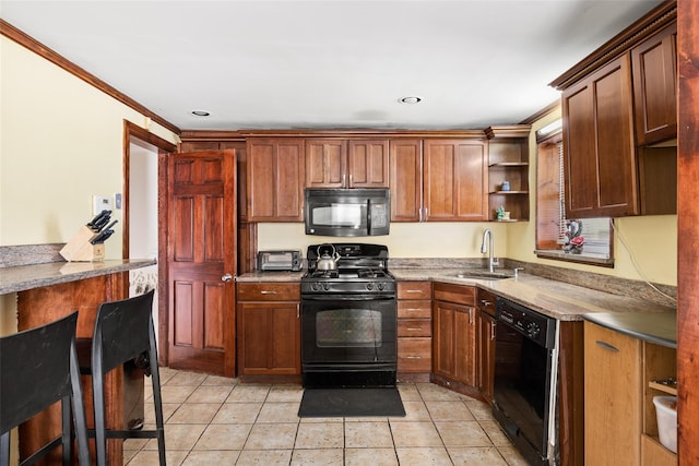 kitchen featuring light tile patterned floors, a sink, open shelves, and black appliances