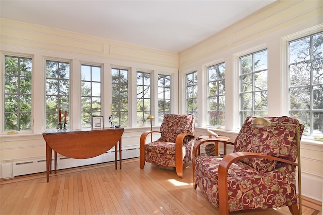sunroom featuring a baseboard radiator and hardwood / wood-style flooring