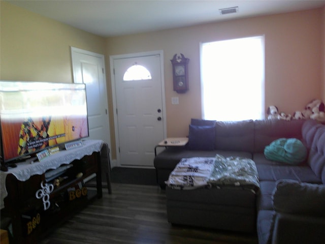 living area featuring visible vents, plenty of natural light, and wood finished floors