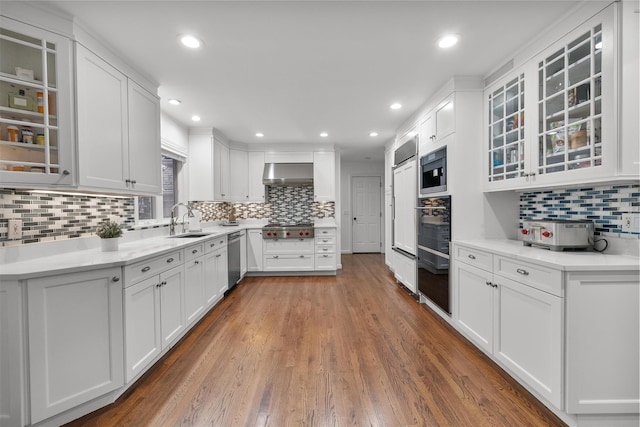 kitchen featuring white cabinets, under cabinet range hood, backsplash, a sink, and appliances with stainless steel finishes