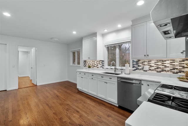 kitchen with range hood, light countertops, dishwasher, a sink, and decorative backsplash