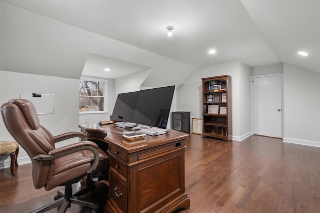 office featuring dark wood-type flooring, vaulted ceiling, baseboards, and recessed lighting