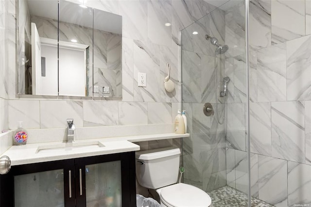 206-38 45th Rd, Bayside, NY 11361 - full bath with a stall shower, vanity, tile walls, backsplash, and toilet