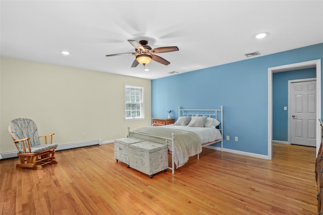 bedroom featuring a baseboard radiator, baseboards, light wood finished floors, and visible vents