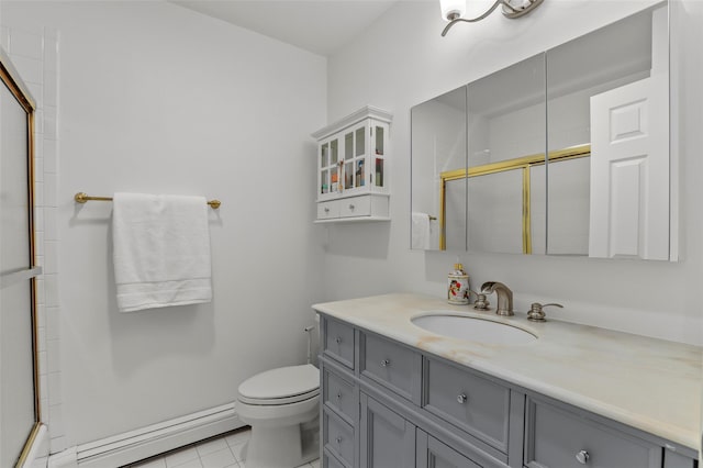 full bath with a baseboard heating unit, tile patterned floors, and a shower with door