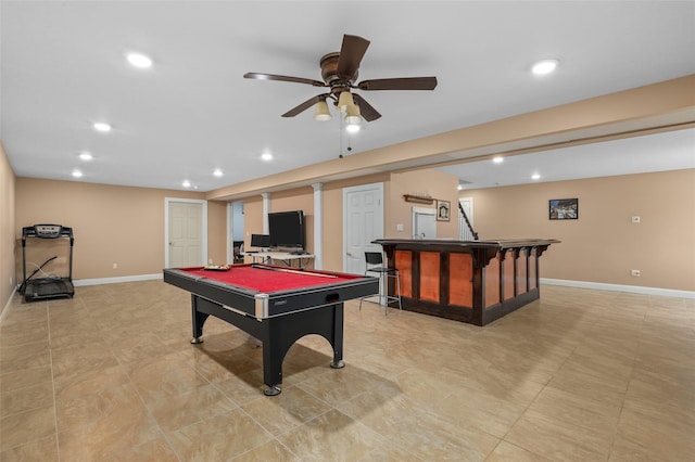 game room featuring baseboards, a ceiling fan, pool table, and recessed lighting