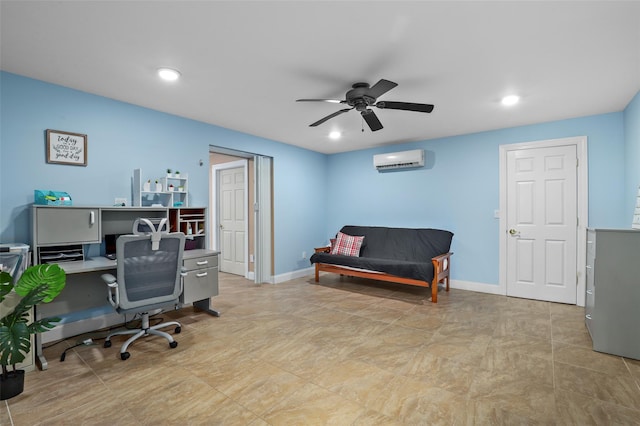 office with baseboards, a wall mounted AC, recessed lighting, and ceiling fan