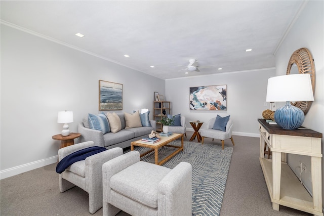 living room featuring crown molding, a ceiling fan, carpet flooring, baseboards, and recessed lighting