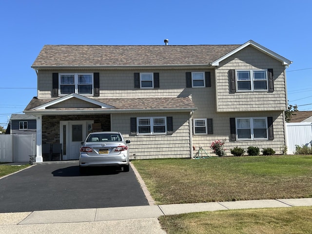 0 Fence Ln, Levittown, NY 11756 - view of front of property with a shingled roof, fence, and a front lawn