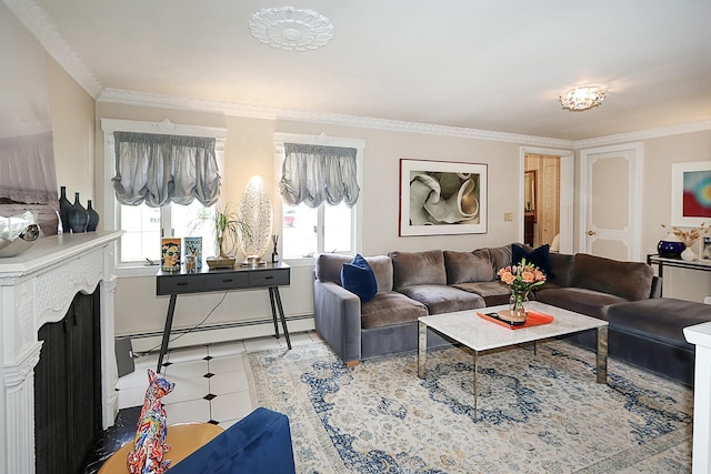 45 Holiday Blvd, Center Moriches, NY 11934 - living room with a baseboard radiator, a fireplace with flush hearth, and crown molding