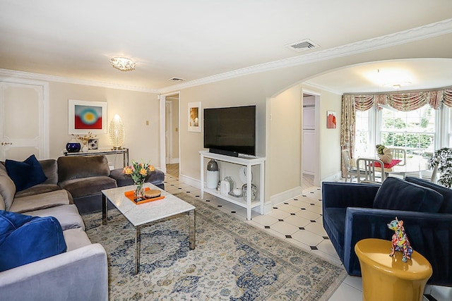 45 Holiday Blvd, Center Moriches, NY 11934 - living area featuring arched walkways, crown molding, baseboards, and light flooring