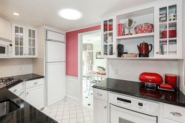 45 Holiday Blvd, Center Moriches, NY 11934 - kitchen featuring white appliances, white cabinets, light tile patterned floors, decorative backsplash, and open shelves