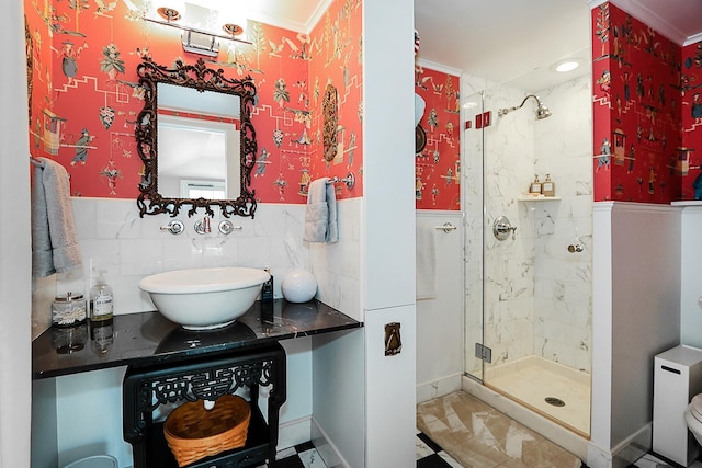 45 Holiday Blvd, Center Moriches, NY 11934 - full bath featuring a stall shower, tile walls, a wainscoted wall, vanity, and recessed lighting