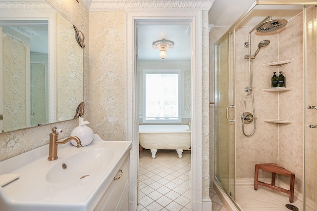 45 Holiday Blvd, Center Moriches, NY 11934 - bathroom with a shower stall, tile patterned floors, a freestanding bath, vanity, and crown molding