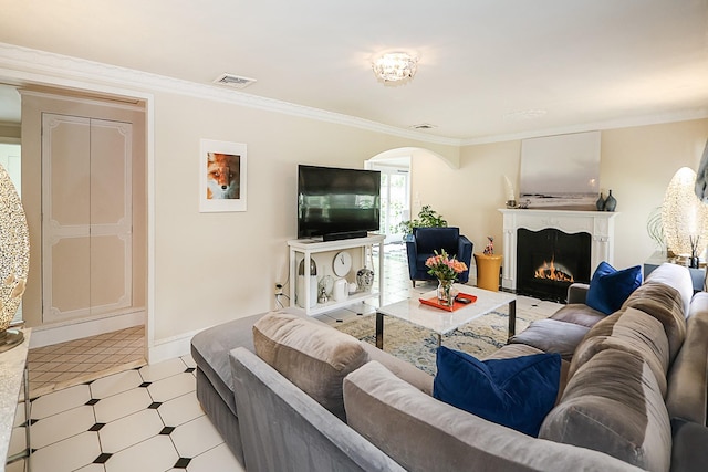 45 Holiday Blvd, Center Moriches, NY 11934 - living room with arched walkways, light floors, a lit fireplace, and ornamental molding