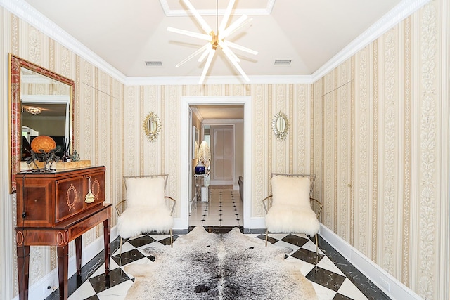 45 Holiday Blvd, Center Moriches, NY 11934 - living area with ornamental molding, wallpapered walls, and baseboards