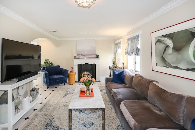 45 Holiday Blvd, Center Moriches, NY 11934 - living room with ornamental molding and a warm lit fireplace