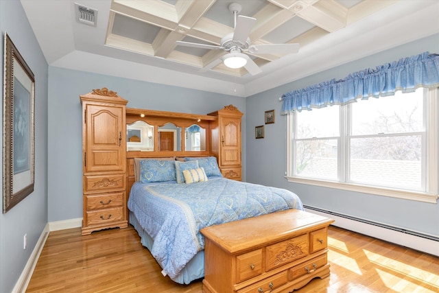 bedroom featuring coffered ceiling, light wood-type flooring, a baseboard heating unit, beam ceiling, and baseboards