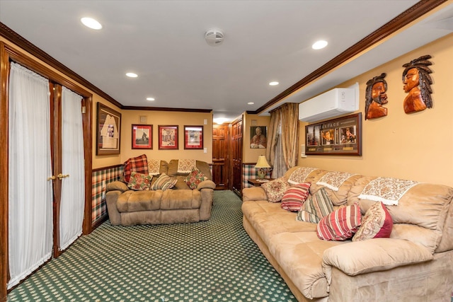 carpeted living room with a wall mounted AC, crown molding, and recessed lighting