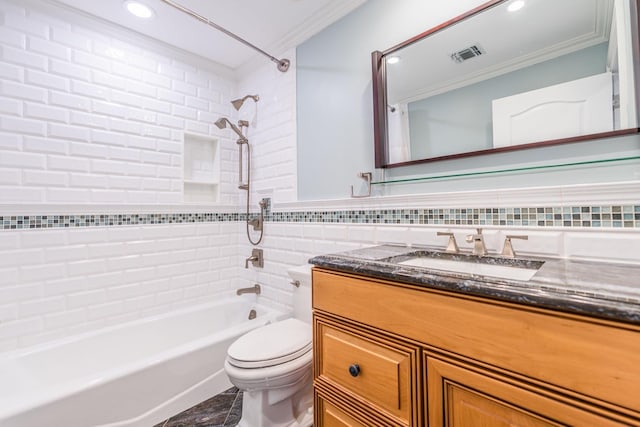 11 Victorian Ln, Brookville, NY 11545 - full bath featuring ornamental molding, tile walls, vanity, shower / washtub combination, and recessed lighting
