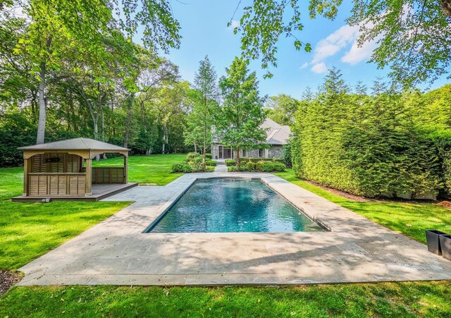 11 Victorian Ln, Brookville, NY 11545 - swimming pool featuring a gazebo, a yard, and a patio area