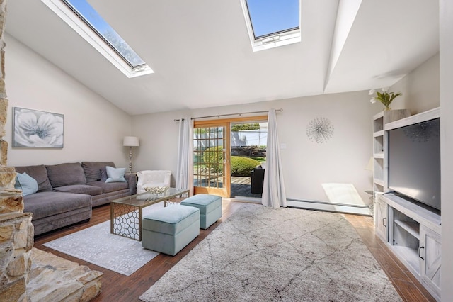 living room featuring a skylight, high vaulted ceiling, a baseboard heating unit, and wood finished floors