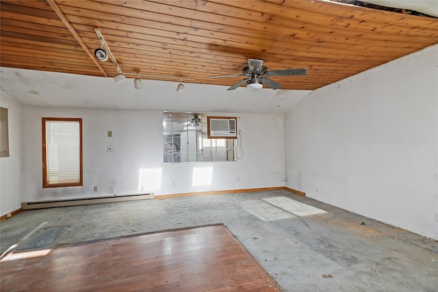 unfurnished room featuring wood ceiling, a baseboard heating unit, a wall mounted air conditioner, ceiling fan, and baseboards