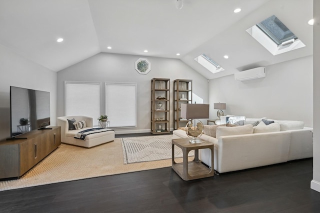 living area featuring recessed lighting, lofted ceiling with skylight, a wall unit AC, and wood finished floors