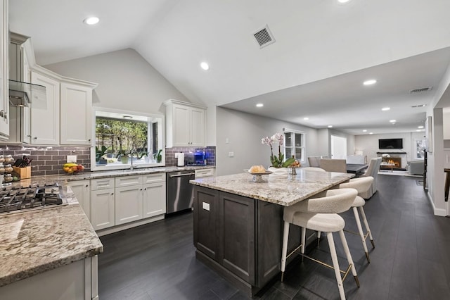 kitchen featuring dark wood-type flooring, visible vents, a center island, and stainless steel appliances