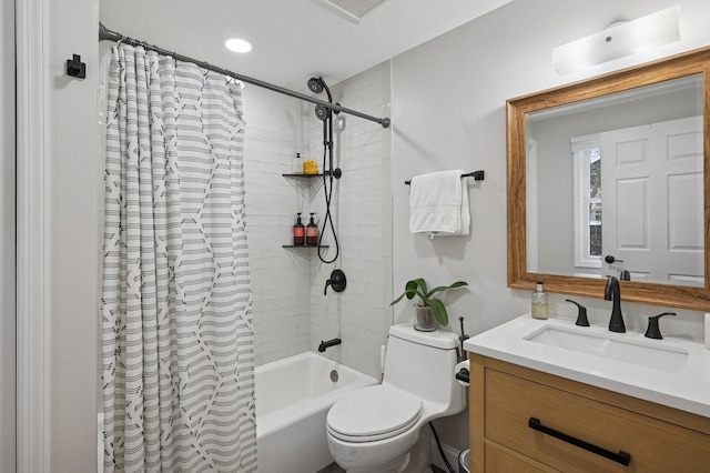 bathroom with shower / tub combo, toilet, vanity, and recessed lighting