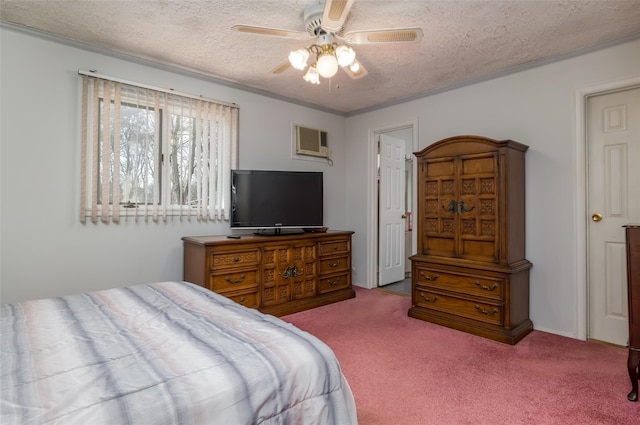 431 Grand Blvd, Brentwood, NY 11717 - bedroom featuring a wall mounted AC, carpet, a textured ceiling, and a ceiling fan