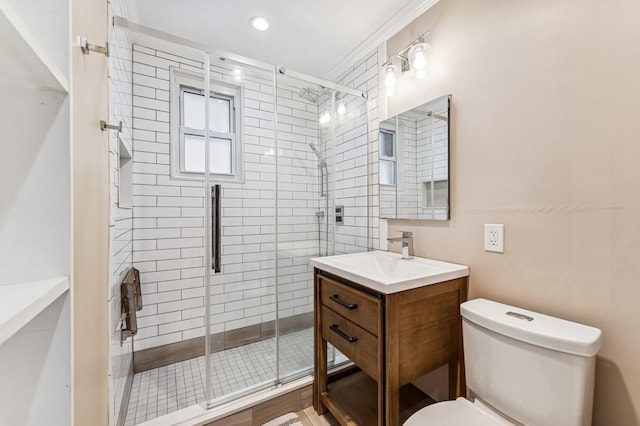 full bathroom featuring toilet, a shower stall, and vanity