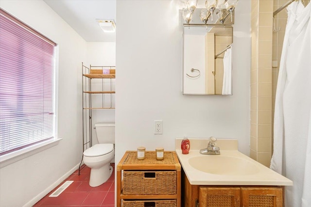 bathroom featuring a shower with curtain, visible vents, tile patterned flooring, vanity, and toilet
