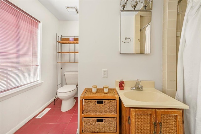 full bath featuring vanity, tile patterned flooring, visible vents, toilet, and baseboards