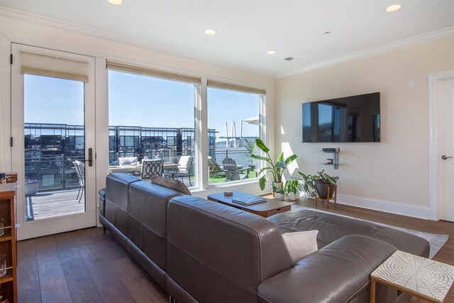 18 Rivers Edge Dr Unit 506, Tarrytown, NY 10591 - living room with dark wood-style flooring, ornamental molding, baseboards, and recessed lighting