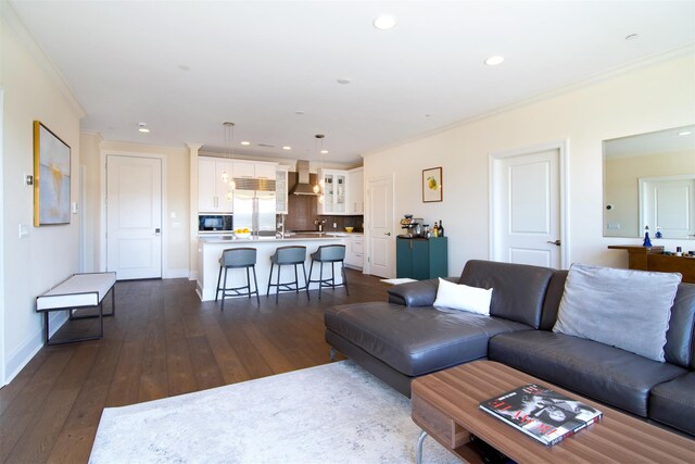 18 Rivers Edge Dr Unit 506, Tarrytown, NY 10591 - living room with ornamental molding, dark wood-type flooring, recessed lighting, and baseboards