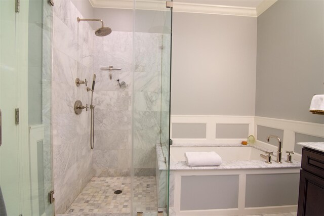 18 Rivers Edge Dr Unit 506, Tarrytown, NY 10591 - full bathroom with crown molding, a stall shower, a bath, and vanity