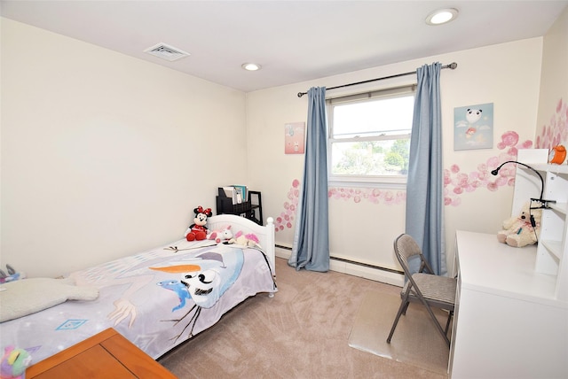 bedroom featuring a baseboard radiator, light colored carpet, and recessed lighting