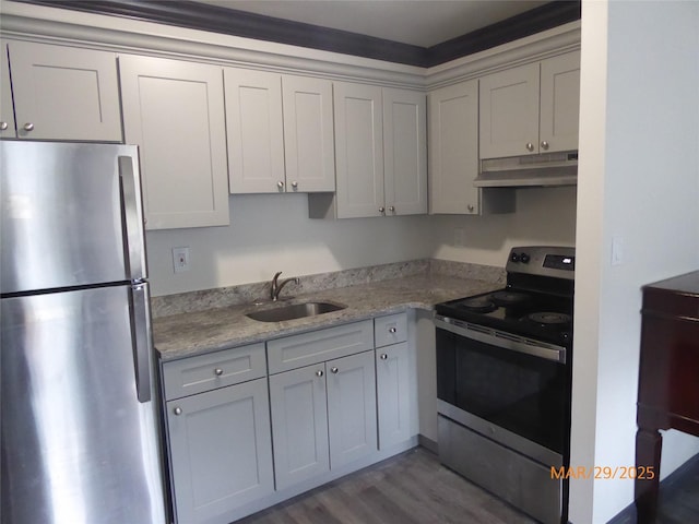kitchen featuring light stone counters, under cabinet range hood, stainless steel appliances, a sink, and wood finished floors