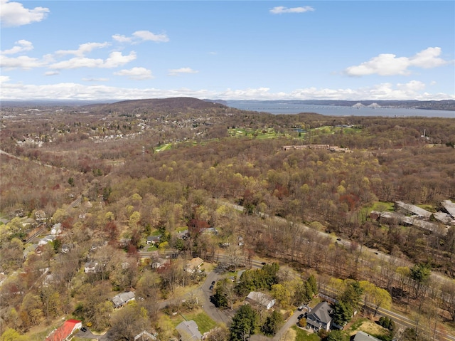 birds eye view of property featuring a mountain view and a wooded view