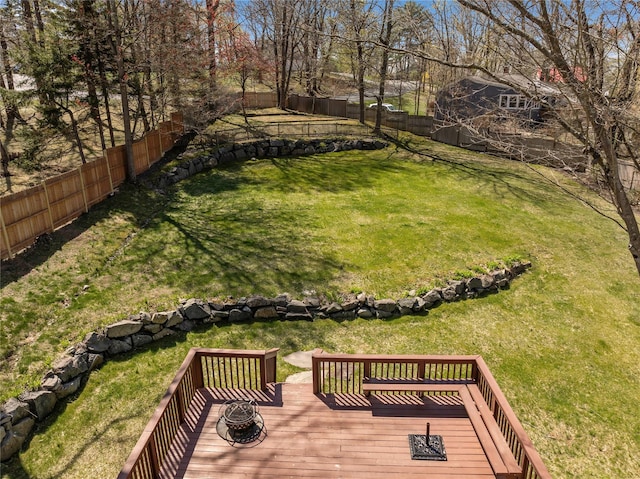 view of yard featuring a wooden deck and a fenced backyard