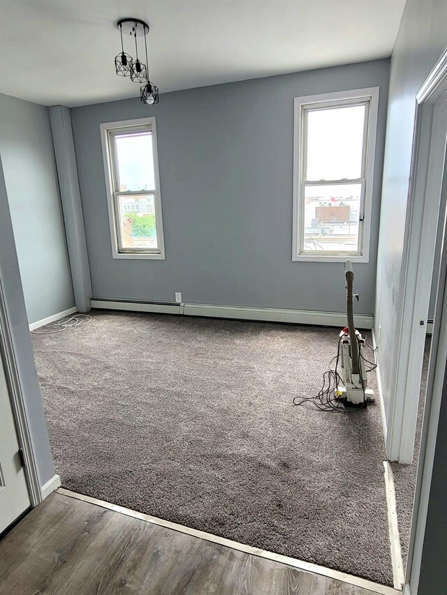 interior space with wood finished floors, baseboards, and carpet floors